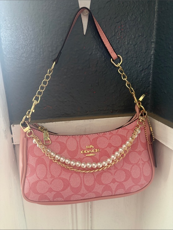 Coach Handbags - COACH Pink Signature Jacquard Shoulder Bag with Pearl & Gold Chain